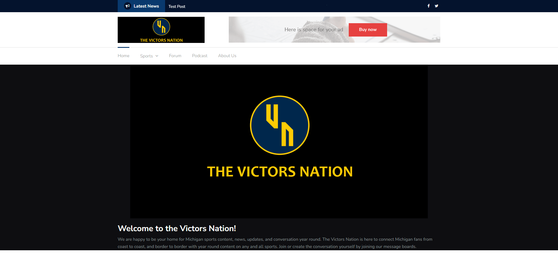 Initial view of Victors Nation page